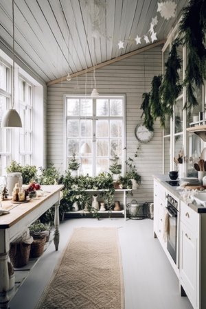 Interior of modern kitchen decorated for Christmas. AI Generatedの素材