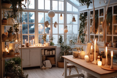 Interior of modern kitchen decorated for Christmas. AI Generatedの素材