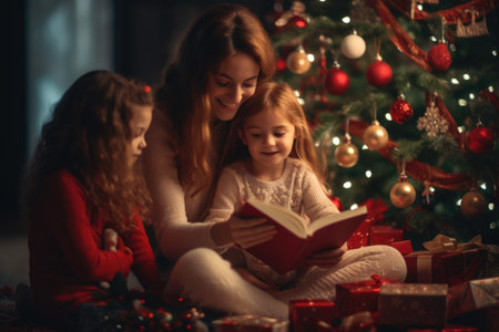 Happy young mother and her daughters reading a story book together in a cozy dark living room on Christmas Eve. Celebrating Xmas at home. Winter evening with family and kids. AI Generatedの素材