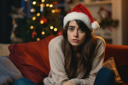 woman alone at home for Christmas, sitting on sofa in living room depressed on new year holidays. AI Generatedの素材