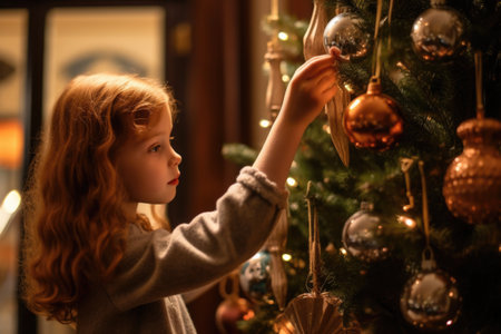 Merry Christmas and Happy New Year. girl decorate the Christmas tree with balls and toys. AI Generatedの素材