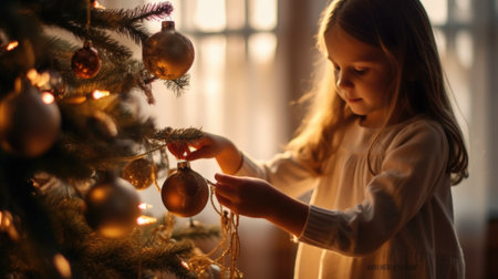 Merry Christmas and Happy New Year. girl decorate the Christmas tree with balls and toys. AI Generatedの素材