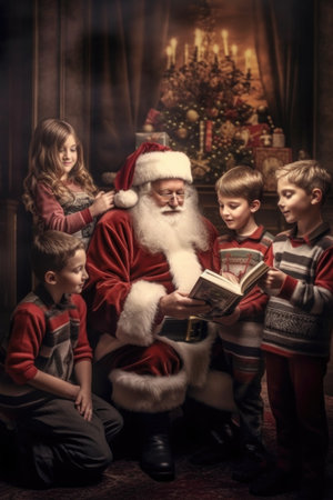 Portrait of santa claus in xmas hat read book to child, AI Generatedの素材