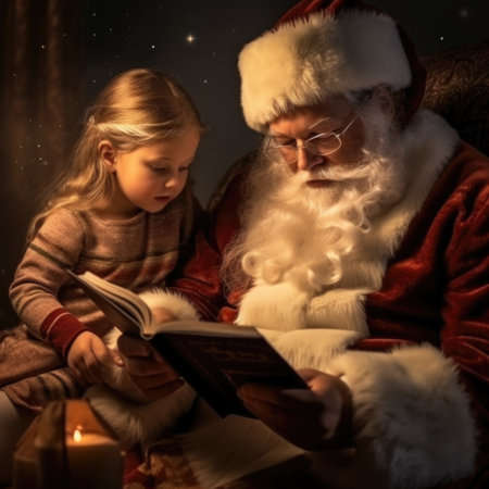 Portrait of santa claus in xmas hat read book to child, AI Generatedの素材