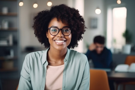 Stylish confident adult 30 years old African American female psychologist sitting arms crossed looking at camera. AI Generatedの素材