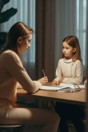 Counseling therapist listening to little girl sharing school news. Female psychologist consulting a little girl. AI Generatedの素材