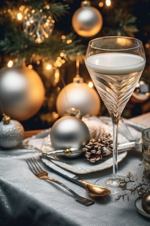 High angle of christmas table with glass of cocktail with champagne, blurred christmas tree on background. AI Generatedの素材