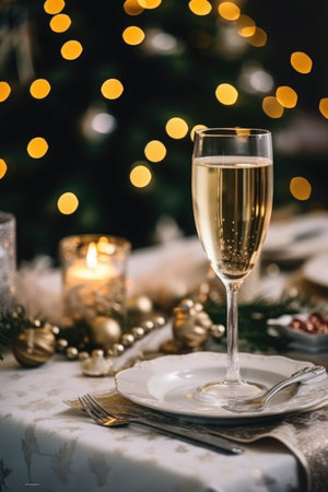 High angle of christmas table with glass of cocktail with champagne, blurred christmas tree on background. AI Generatedの素材