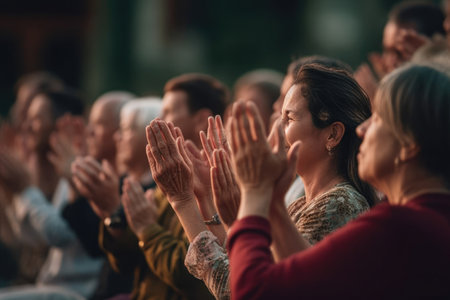 Selective Focus on hands. Creative designers audience applauding at a business seminar. People listening and clapping at conference and presentation. AI Generatedの素材