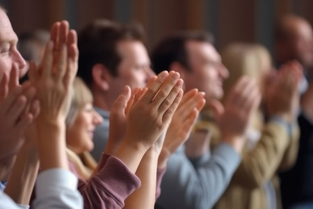 Selective Focus on hands. Creative designers audience applauding at a business seminar. People listening and clapping at conference and presentation. AI Generatedの素材