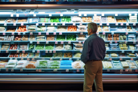 Portrait Of man In Supermarket Buying Groceries Food Walking Along The Aisle And Shelves In Grocery Store, Choosing Healthy Products In Mall, AI Generatedの素材