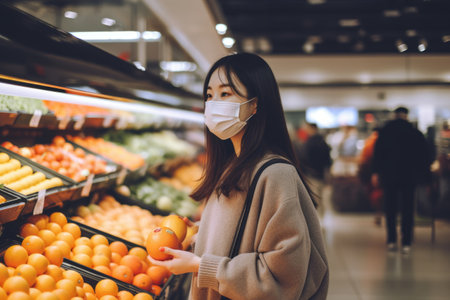 Portrait Of Smiling Woman With Shopping Cart In Supermarket Buying Groceries Food Walking Along The Aisle And Shelves In Grocery Store, Choosing Healthy Products In Mall, AI Generatedの素材
