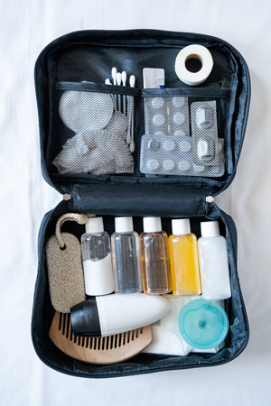 Travel cosmetics kit with bottles, pills and cosmetics on bed, top viewの写真素材