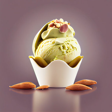pistachio ice cream scoops with wafer and nuts on isolated background. AI Generatedの素材