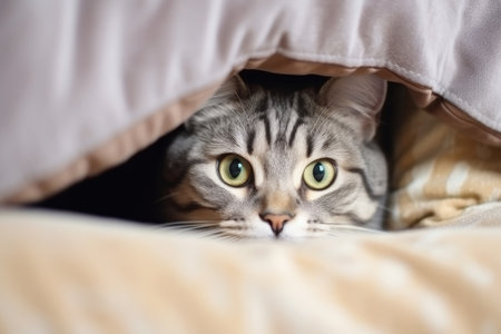 Funny striped cute kitten lies under a white blanket and sheets. Close-up cat in bed. AI Generatedの素材