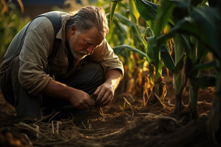 The farmer assessing the quality of corn on green farm at sunset, AI Generatedの素材