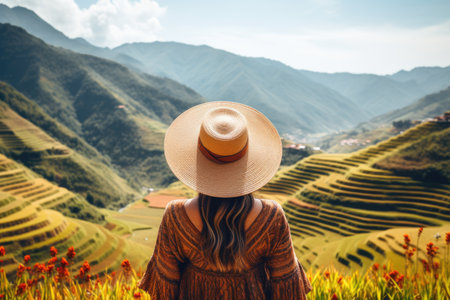 Asian woman wearing Vietnam culture traditional hat enjoying rice terraces in Vietnam. back view. AI Generatedの素材