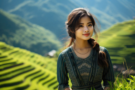 Asian woman wearing Vietnam culture traditional hat enjoying rice terraces in Vietnam. AI Generatedの素材