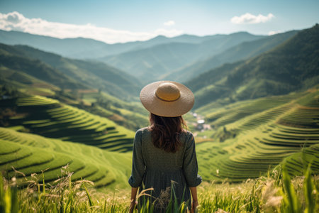 Asian woman wearing Vietnam culture traditional hat enjoying rice terraces in Vietnam. back view. AI Generatedの素材