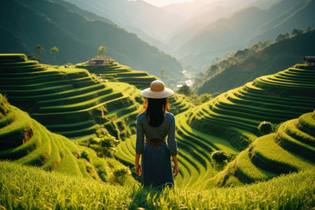 Asian woman wearing Vietnam culture traditional hat enjoying rice terraces in Vietnam. back view. AI Generatedの素材