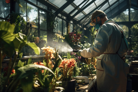 Happy gardener working in greenhouse, spraying water, AI Generatedの素材