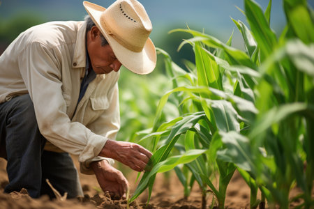 The farmer assessing the quality of corn on green farm at sunset, AI Generatedの素材