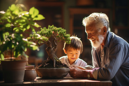 Retired grandfather use scissors to decorate the branches of a new bonsai tree, teaching grandchild. AI Generatedの素材
