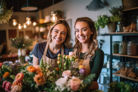 Two happy and smiling young woman florist working together in flower shop. Beautiful florists arranging bunch. AI Generatedの素材