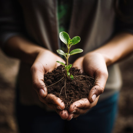 young sprout in female hands, care concept. AI Generatedの素材