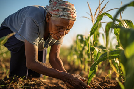 woman farmer assessing the quality of corn on green farm at sunset, AI Generatedの素材