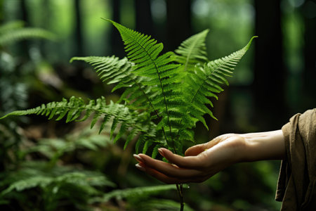A woman's hand and a fern leaf. Man and nature. A woman's hand and a fern leaf. AI Generatedの素材