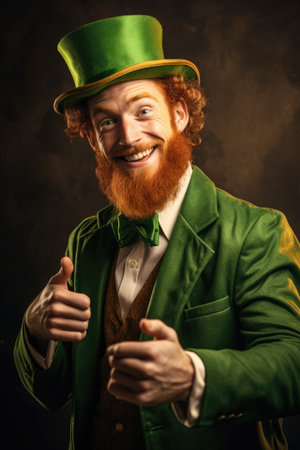 Leprechaun elf symbol of St. Patrick's Day. Cheerful character Irish leprechaun with a red natural beard in a green suit and green hat for advertising. AI Generatedの素材