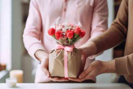 Valentine's Day. Close up shot of female hands holding a small gift wrapped with red ribbon. AI Generatedの素材