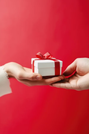 Valentine's Day. Close up shot of female hands holding a small gift wrapped with red ribbon. AI Generatedの素材