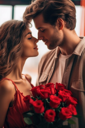 Beautiful young couple spending time together while celebrating Saint Valentine's Day with gift box in hand and air balloons in shape of heart. AI Generatedの素材