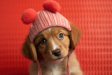 St. Valentine's Day concept. Funny portrait cute puppy dog holding red heart. AI Generatedの素材