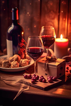 Table setting for romantic dinner in restaurant, dark background. AI Generatedの素材