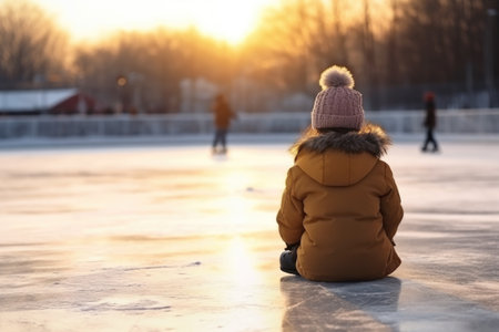 cute child wearing winter clothes and ice skates sitting on ice rink, back view. AI Generatedの素材