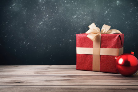 red gift box on wooden table with copy space, AI Generatedの素材