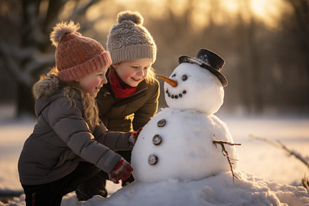 Winter activities and fun. little child playing with snowman.AI Generatedの素材