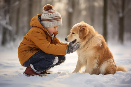 little girl with cute dog are walking in the winter forest. AI Generatedの素材