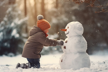 Winter activities and fun. little child playing with snowman.AI Generatedの素材