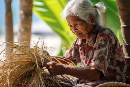 Woman weaving wicker basket indoors, closeup view. AI Generatedの素材