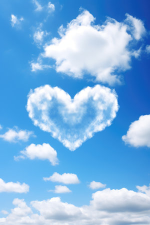 Heart shaped clouds on bright blue sky and white clouds. AI Generatedの素材