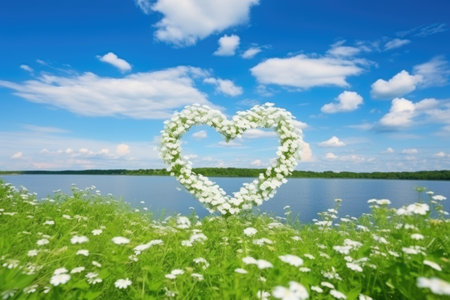 Heart shaped frame made of flowers in nice green landscape. AI Generatedの素材