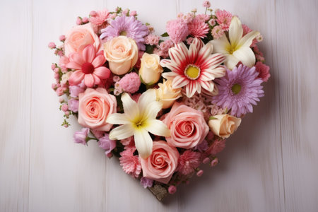 Valentine's Day. Heart shape made of flowers on dark background. Valentine's day. AI Generatedの素材