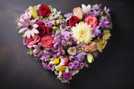 Valentine's Day. Heart shape made of flowers on dark background. Valentine's day. AI Generatedの素材