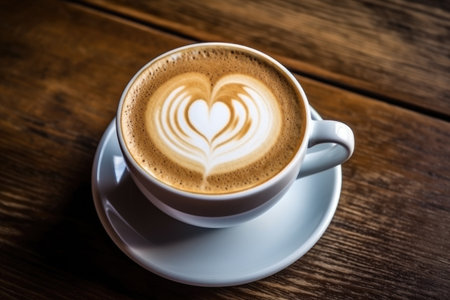 fresh coffee with heart latte art on wooden table. AI Generatedの素材