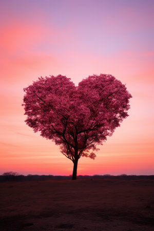 Valentine's Day. Pink Heart Shaped Tree at sunset. AI Generatedの素材