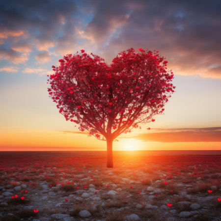 Valentine's Day. Red Heart Shaped Tree at sunset. AI Generatedの素材